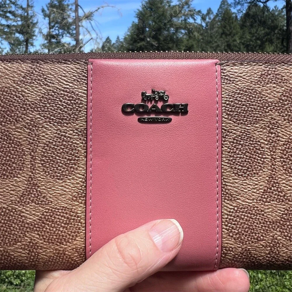 COACH Long Zip-Around Wallet Tan/Pink Signature Canvas & Leather w Gold Hardware